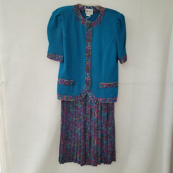 Jeffrey & Dara Skirt Set Womens 11/12 Vintage Short Sleeve Sweater Pleated Skirt - Picture 1 of 16
